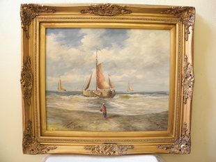 OBRAZ PLACHETNÍ LODĚ VE ZLACENÉM RÁMU 82 x 72 cm