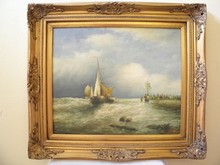 OBRAZ PLACHETNÍ LODĚ VE ZLACENÉM RÁMU 82 x 72 cm