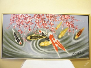 OBRAZ - KOI KAPR - OLEJ 104 x 54 CM ZLA.STŘ. RÁM 