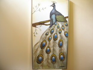 OBRAZ - PÁV - OLEJ  145 x 74 CM ZLATO STŘ. RÁM