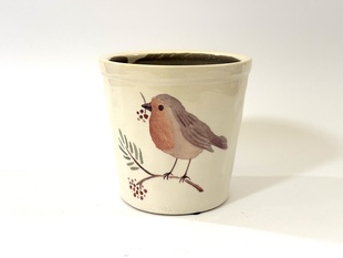 KERAMICKÝ KVĚTINÁČ S PTÁČKEM ČERVENKA