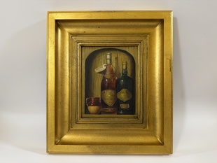 ZÁTIŠÍ LAHVE VÍNA - OBRAZ VE ZLATÉM RÁMU