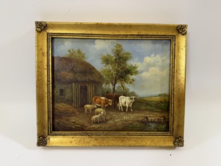 KRÁVY A OVCE S JEHŇÁTKEM - OBAZ VE ZLATÉM RÁMU